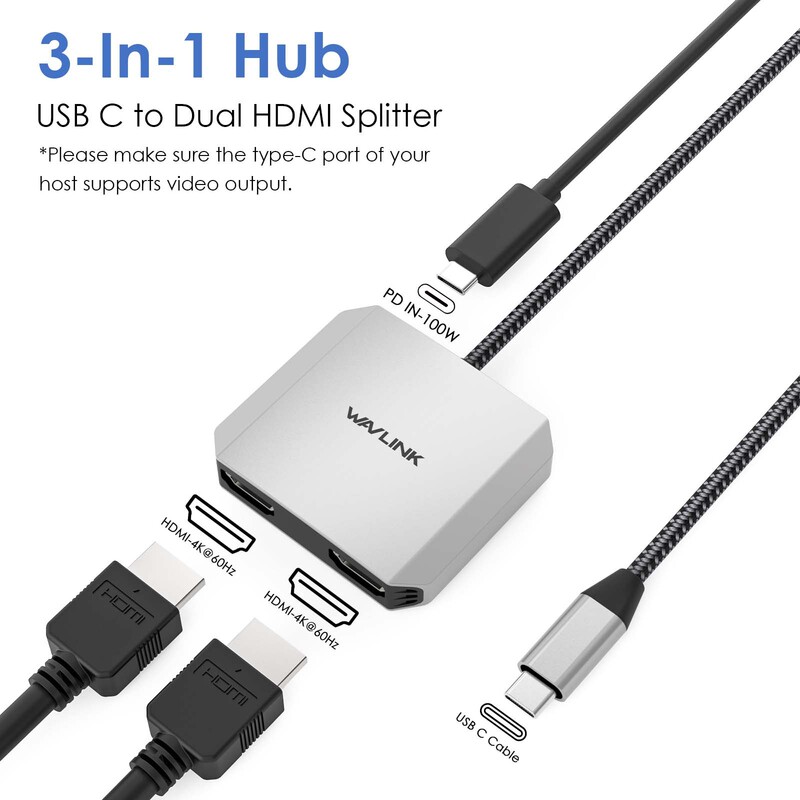 WAVLINK USB-C Hub to Dual HDMI4k@60Hz 3 in 1 HDMI Adapter WAVLINK USB-C Hub to Dual HDMI4k@60Hz 3 in 1 HDMI Adapter