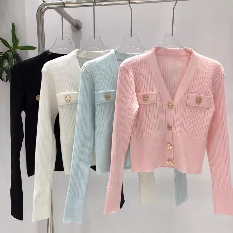 French White Collar Metal Button Long-Sleeved Knitted Cardigan Autumn Women's Sexy Short Top