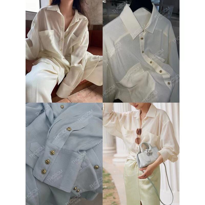 [Featured Recommendation] 26 Early Spring New Style El Color-Blend Linen Mushroom Button Double-Pocket Design Relaxed Fit Long Sleeve Shirt