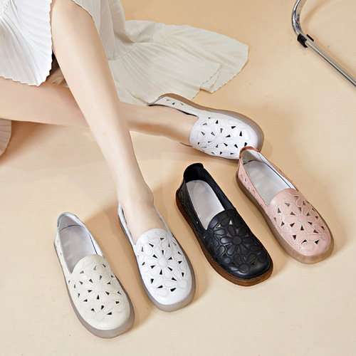 Spring and summer sunflower hollow breathable hole shoes hand-punched sandals summer first layer cowhide pure leather nurse shoes for women