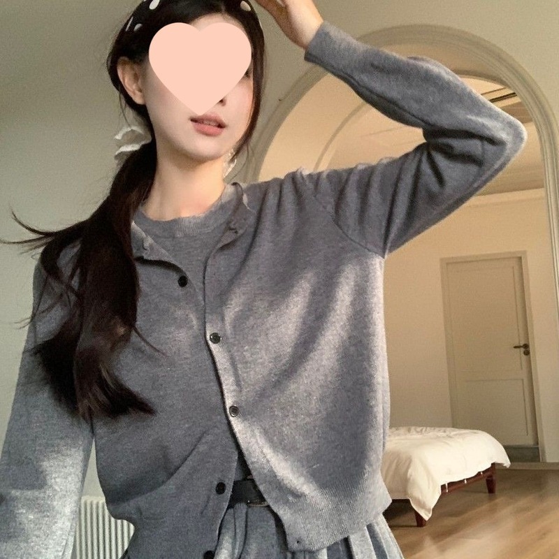 温柔气质韩系套装女秋冬季新款纽扣宽松开衫高腰针织背心裙两件套|undefined