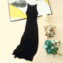 真丝丝绒挂脖连衣裙女夏薄款~法式复古修身显瘦开衩无袖a字长裙子