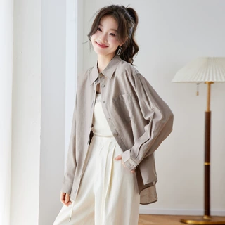 温柔百搭天丝混纺透气轻薄春季衬衫外套女宽松洋气翻领长袖上衣