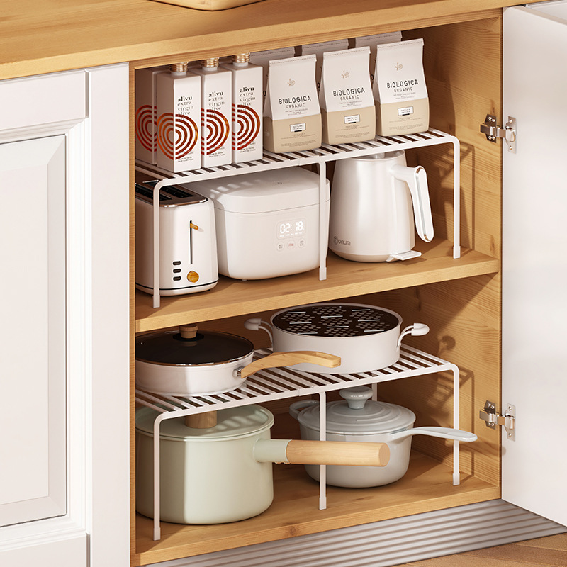 厨房整理分层收纳架可伸缩置物架橱柜分层锅架铁艺调料架碗碟架