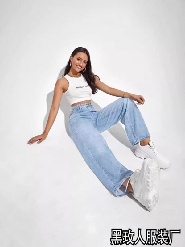 2025 新しいファッションヨーロッパとアメリカの女性のジーンズ女性のハイウエストスリムストレートデニムパンツ人気のフロアレングスパンツ|undefined
