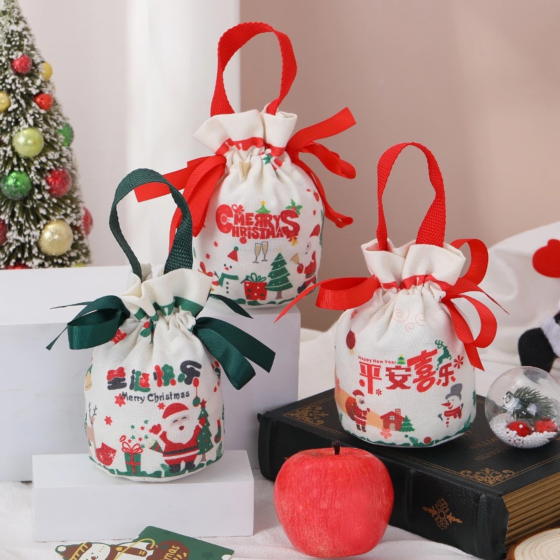 Navidad transfronterizas Santa Fe canvas bolsas de mano Nochebuena Navidad paquete de bolsas de regalo de dulces para niños bolsas de regalo