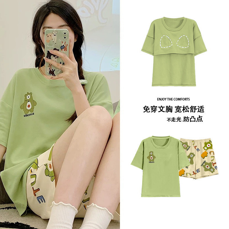 睡衣女夏季短袖套甜美带胸垫韩版卡通学生休闲宽松大码宿舍家居服|undefined
