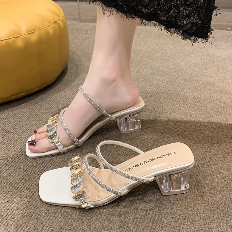Thick heel sandals and slippers for women summer outdoor wear 2024 new French style rhinestone mid heel sandals with crystal high heels