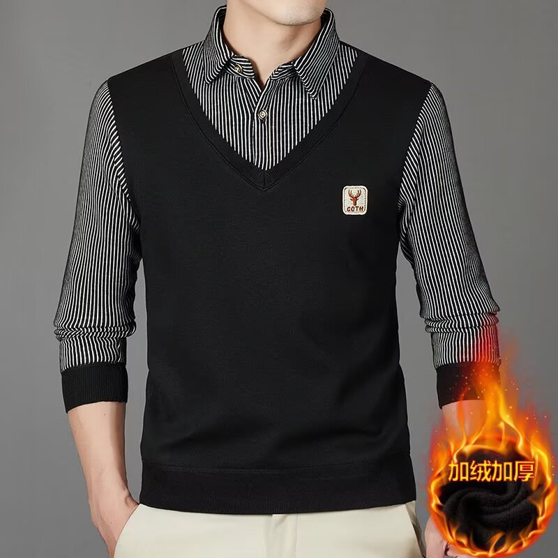 Autumn and Winter Fake Two-Piece Shirt Collar Sweater Men's Fleece-Lined Thickeneded Collared Knitted Bottoming Shirt Fake Collar Warm Top