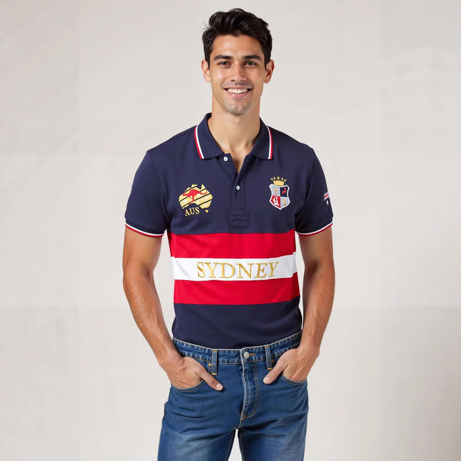 Polo homme neuf, manches courtes australiennes, col rabattu, style sport-décontracté, rayures américaines rétro._voghion.com