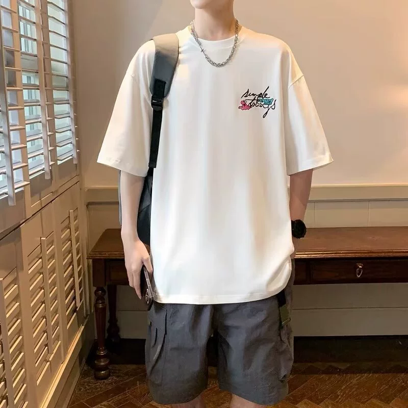 Японский ретро тяжелый белый цвет футболка с короткими рукавами для мальчиков 2024 новый летний молодежный свободный досуг с половиной рукава