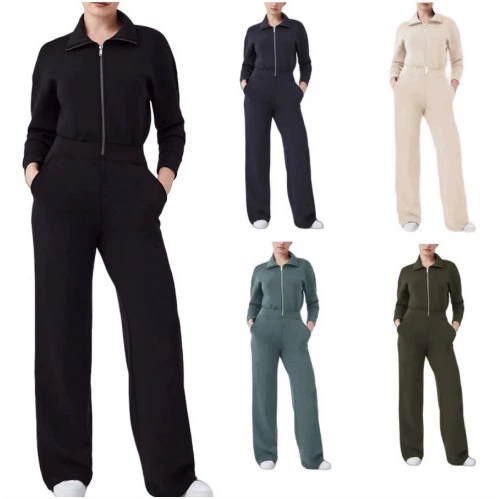 Европейско-американский трансграничный комплект 2024: новый женский свитшот с длинным рукавом, широкими штанинами и молнией, с отложным воротником