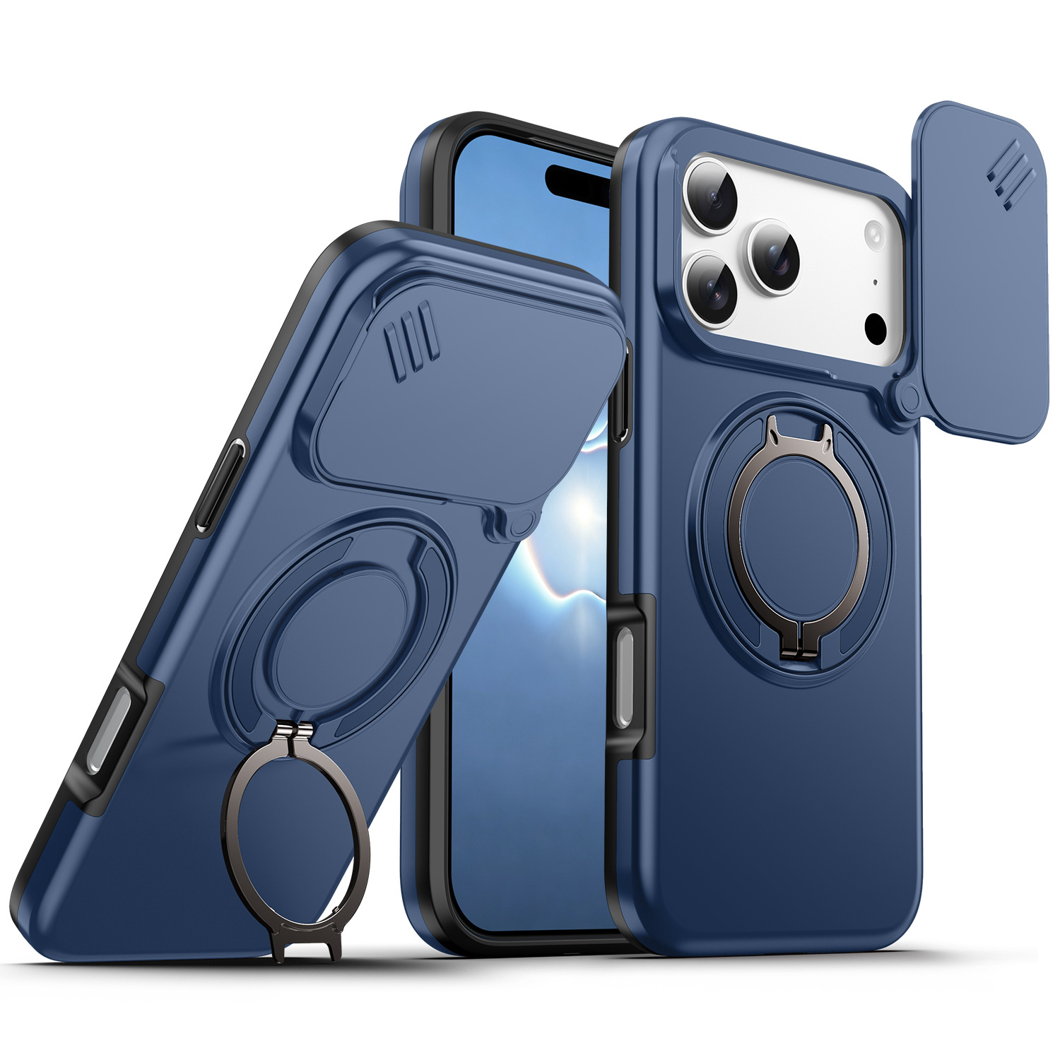 Funda Magnética para iPhone 17 Pro Max 16 15 de PC con Soporte Giratorio 360°, Tapa Deslizante para Lente y Anti-caída