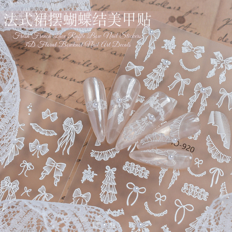 Nail stickers with French skirt-style bows, pearl lace, lace bows, and white ribbons as nail decoration accessories