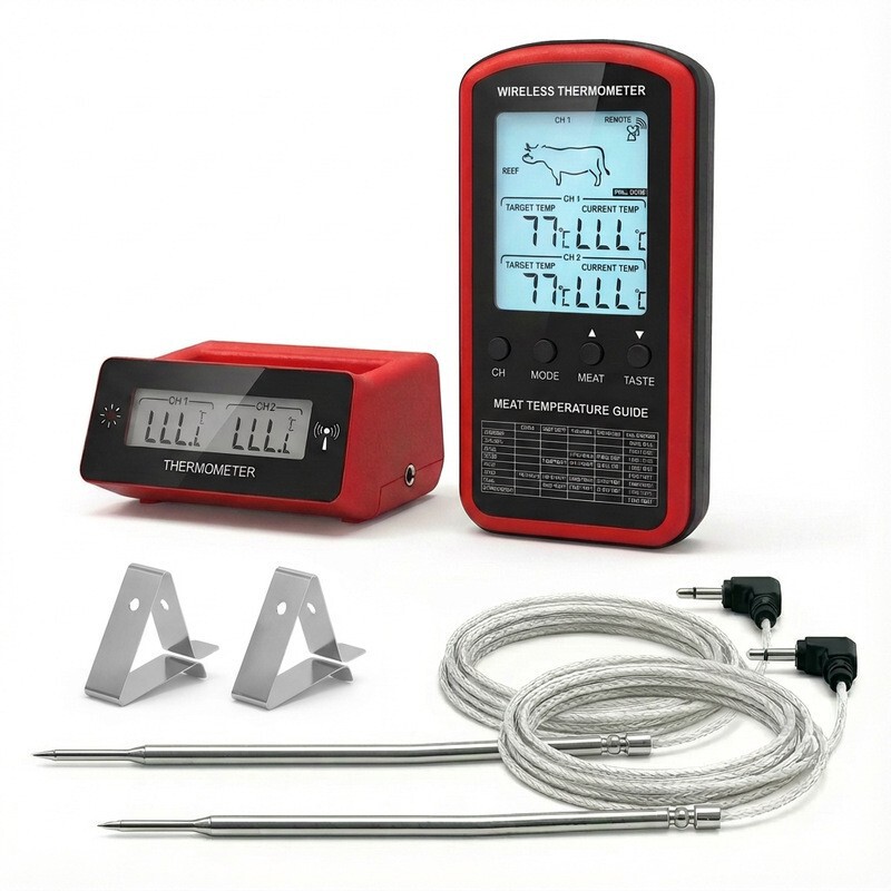 Cross-Border Dual-Needle Wireless Remote Outdoor Barbecue Electronic Thermometer with Smart Alarm for Oven and Grill, Probe Type