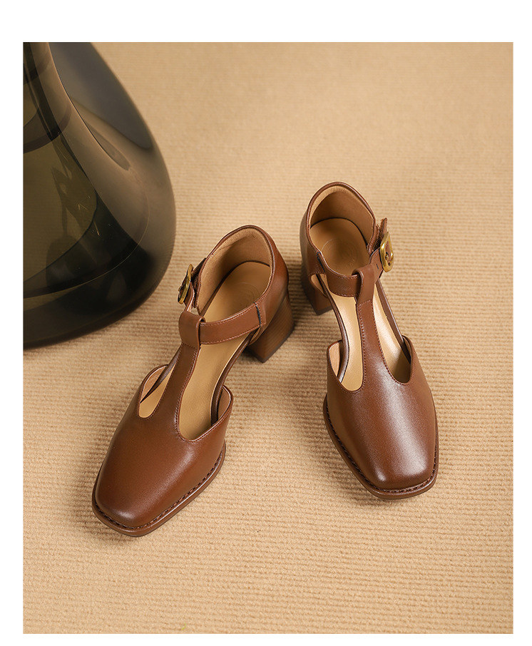 Sandal nữ quai chữ T đầu vuông hở mũi đế bệt — Màu nâu chi tiết 16