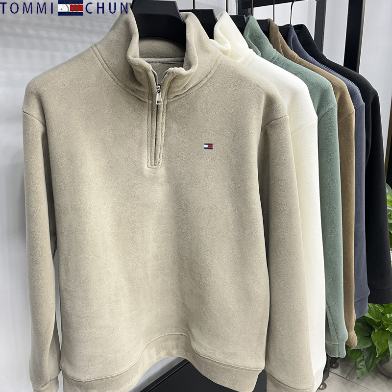 genuine goods Tommy Solid Color Fleece Sweater Men's Autumn and Winter Thickened Hand Fleece Sweater Warm Middle-aged and Young Undershirt