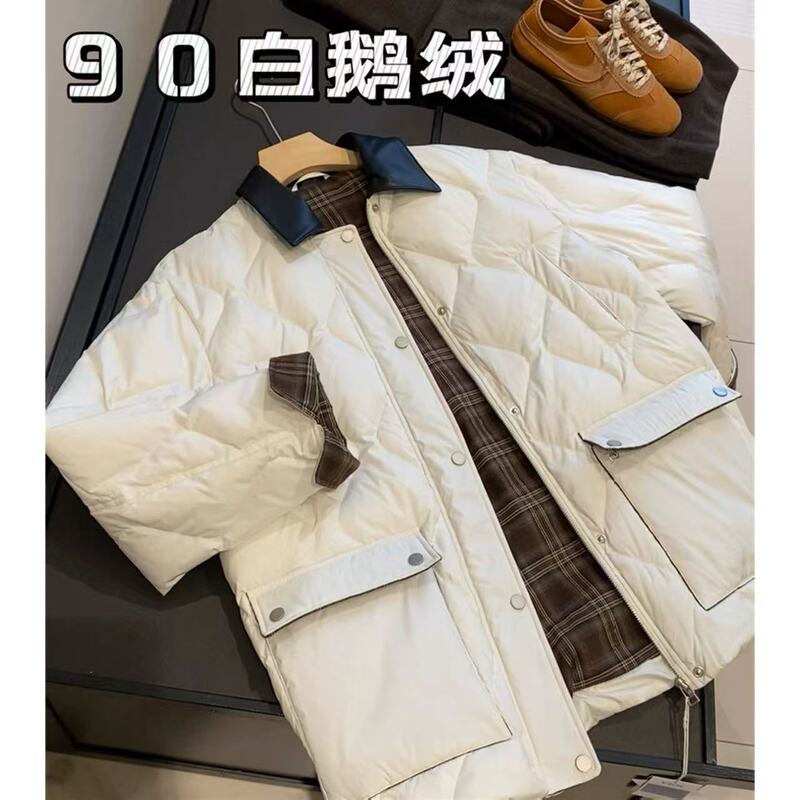 90 White Goose down Global Traceable Genuine Leather Sheepskin Lapel Barn-Style Vintage Goose down Jacket for Women B1210E 90 White Goose down Global Traceable Genuine Leather Sheepskin Lapel Barn-Style Vintage Goose down Jacket for Women B1210E