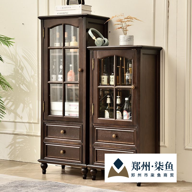 American Solid Wood Small Wine Cabinet Single Door Glass Display Cabinet European Style Living Room Decorative Cabinet Home Dining Side Cabinet Storage Cabinet