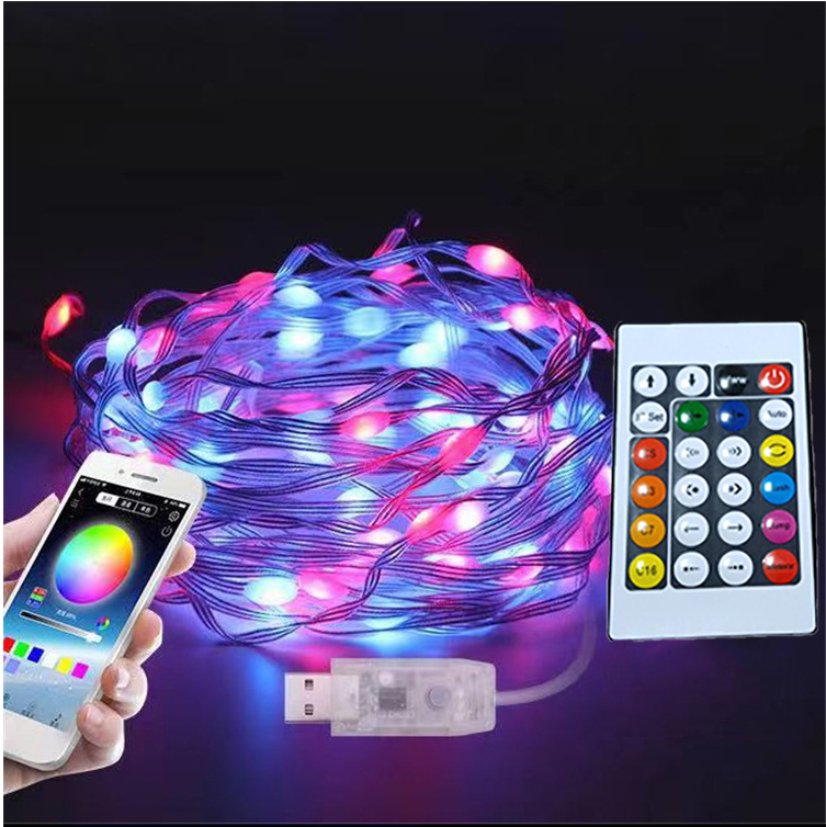 Suministro Exclusivo Transfronterizo de Nueva Cadena de Luces LED con Control Remoto Bluetooth, Control por Aplicación, Diseño Fantasía, Cable de Cuero, para Decoración Navideña de Árboles, RGB
