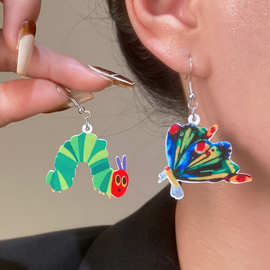 欧美跨境temu亚克力耳环女复古个性咖啡杯毛毛虫蝴蝶动物耳坠耳饰