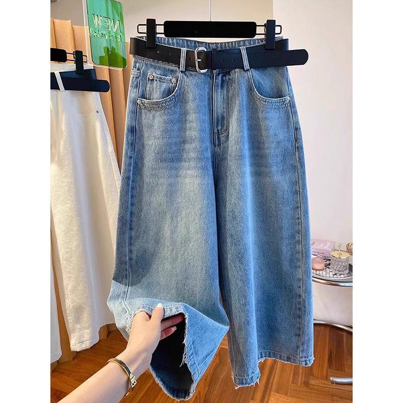 大码高腰韩版七分阔腿裤女2025年夏季薄款宽松显瘦白色直筒牛仔裤|undefined