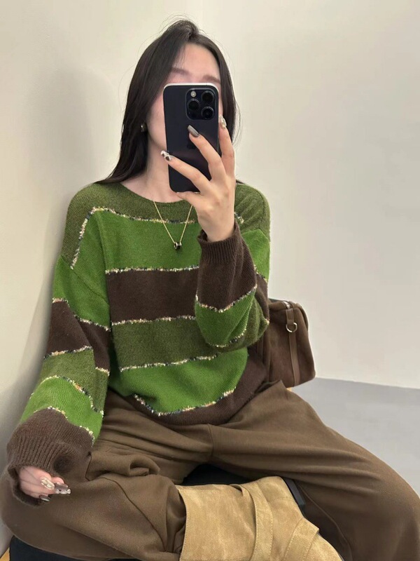 秋冬女士条纹宽松毛衣女款2025新款慵懒高级感针织打底衫上衣冬季|undefined