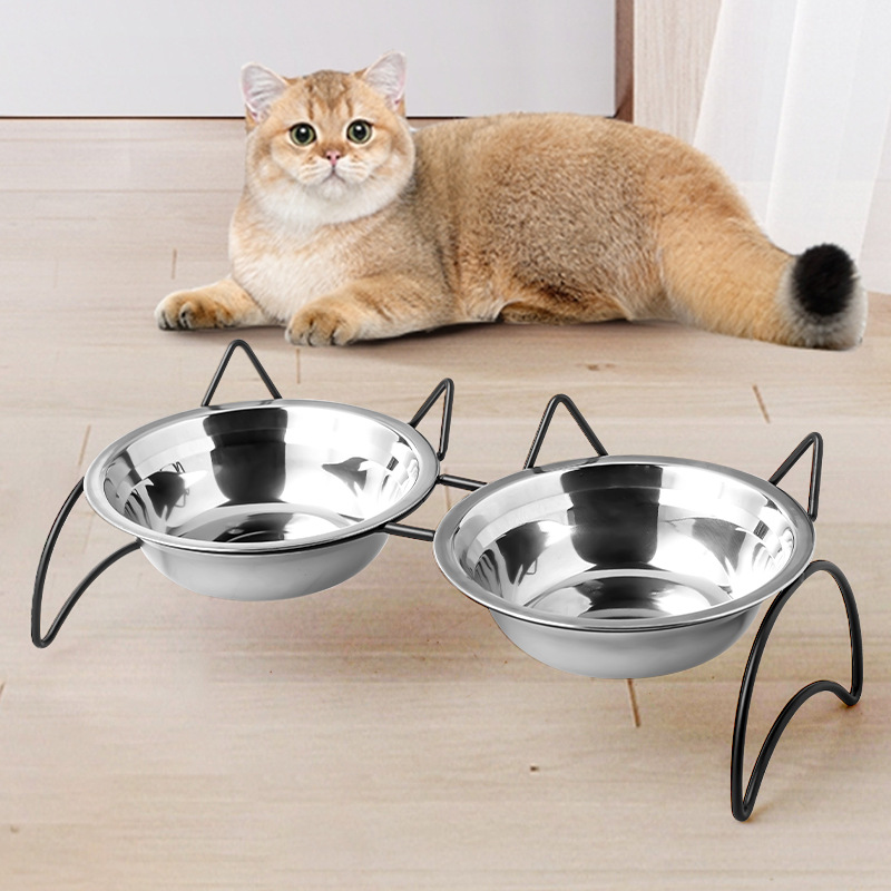 Tazón de acero inoxidable para gatos, tazón para perros, tazón para bebidas, tazón de grano para proteger la columna cervical, tazón para gatos de acero inoxidable para mascotas, doble tazón para gatos