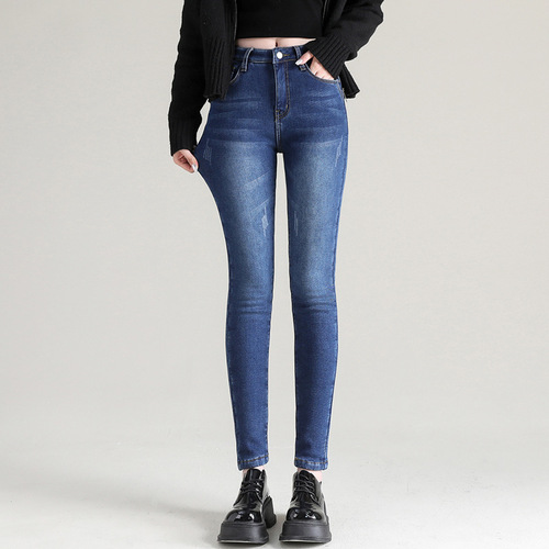 Women's Winter  High-Waisted Black Tight-Fit Mini Length Thicker Fleece Lined Denim Pants with Outer Wearing Design