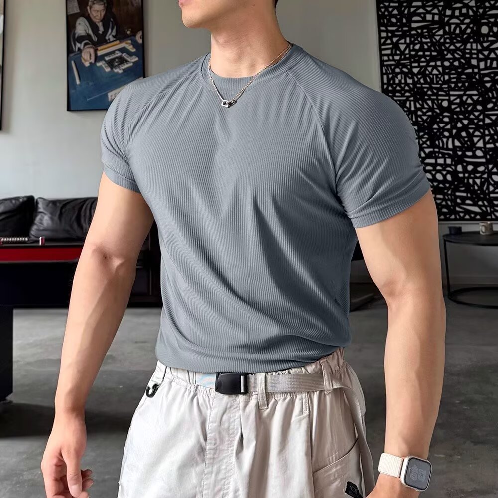 Men's Performance Stripped T-Shirt – Quick-Dry Stretch Muscle Tee With Raglan Sleeves For Gym & Streetwear (Gray, White, Black)_voghion.com