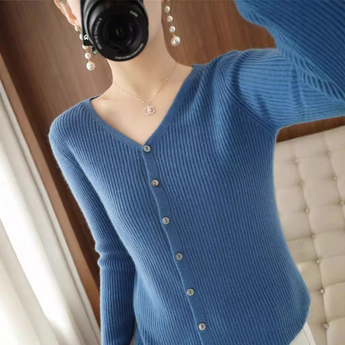 Women's Short V-Neck Cardigan Knit Sweater for Autumn/Winter, Outerwear, Fitted, Drawstring Long-Sleeve Cardigan