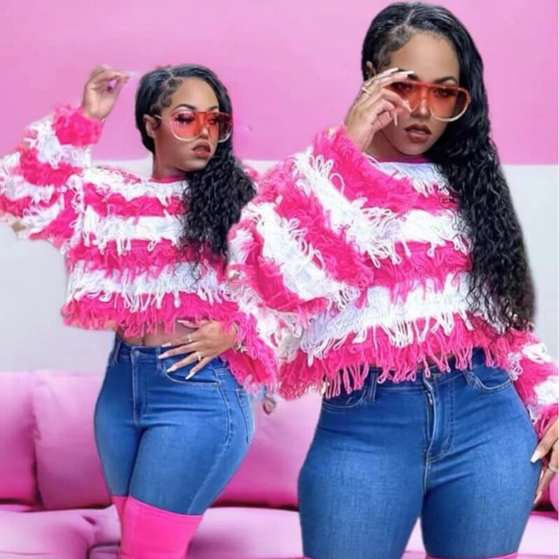 European and American Style Round Neck Tassel Sweater Women's Autumn and Winter 2024 New Lazy Style Striped Design Loose Long Sleeve Shirt