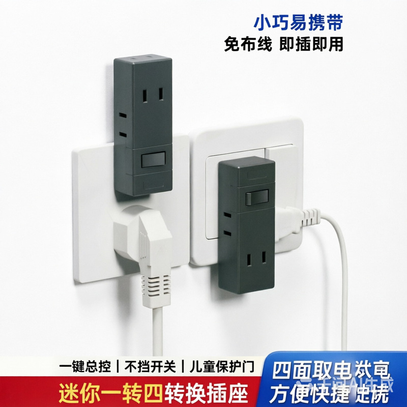 Multi-functional adapter with power switch, ultra-thin right-angle adapter, converts one outlet into four, flat two-hole adapter Multi-functional adapter with power switch, ultra-thin right-angle adapter, converts one outlet into four, flat two-hole adapter