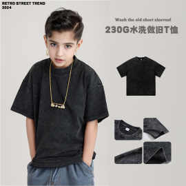 纯棉短袖t恤美式复古中小儿童男女潮牌短袖水洗做旧印logo上衣潮