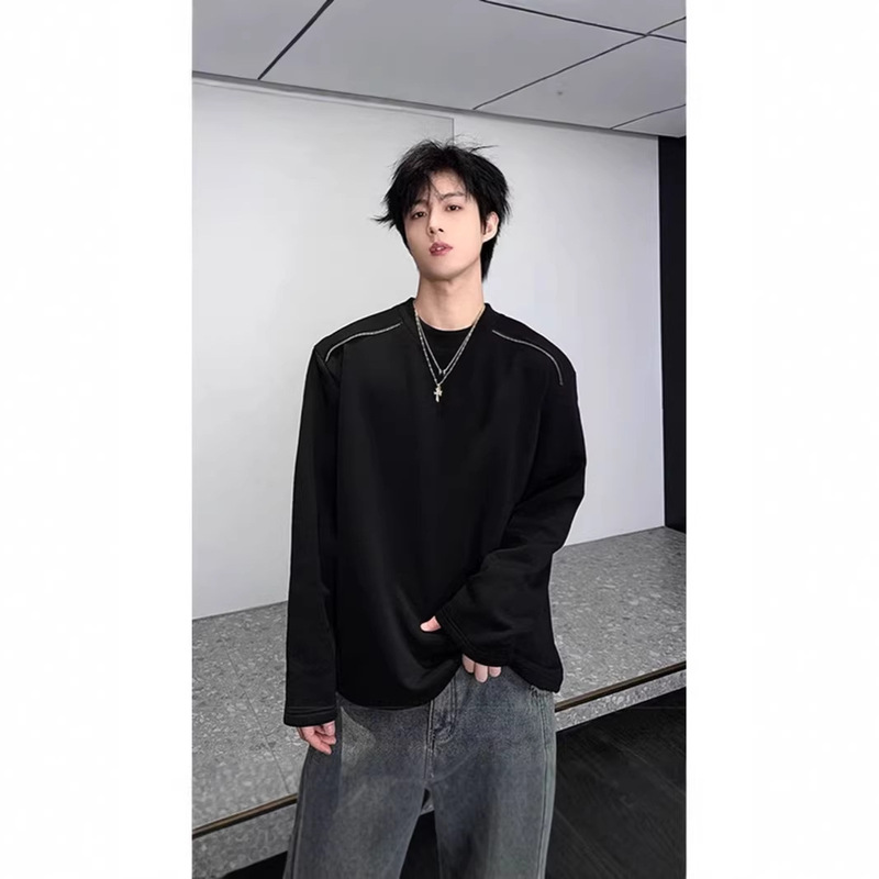 American High Street Style Black Long-Sleeve T-Shirt for Men, Autumn Trendy Brand Zip-Up Design Sweatshirt, Crew Neck Base Layer Shirt