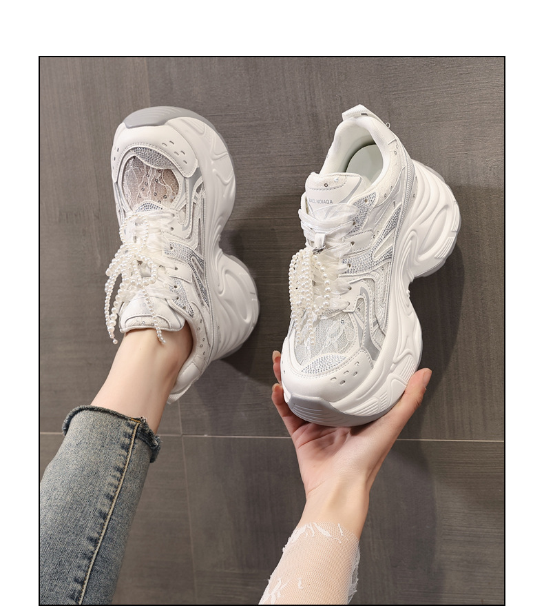 Giày sneaker chunky đế dày lưới thoáng khí tăng chiều cao nữ — Màu trắng chi tiết 14