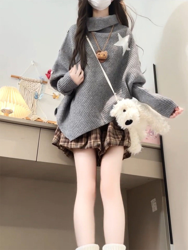 灰色高领斗篷上衣女新款设计感小众慵懒风不规则长袖针织衫毛衣女|undefined