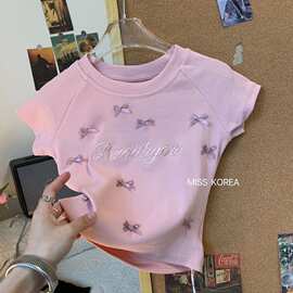 女童立体蝴蝶结短袖修身恤时尚甜美坎肩短款上衣年夏季新品百搭辣