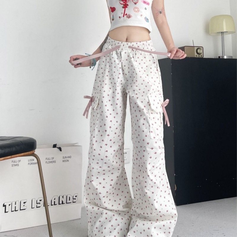 甜辣风休闲运动工装裤女2025新款多巴胺穿搭系带碎花女裤跨境批发