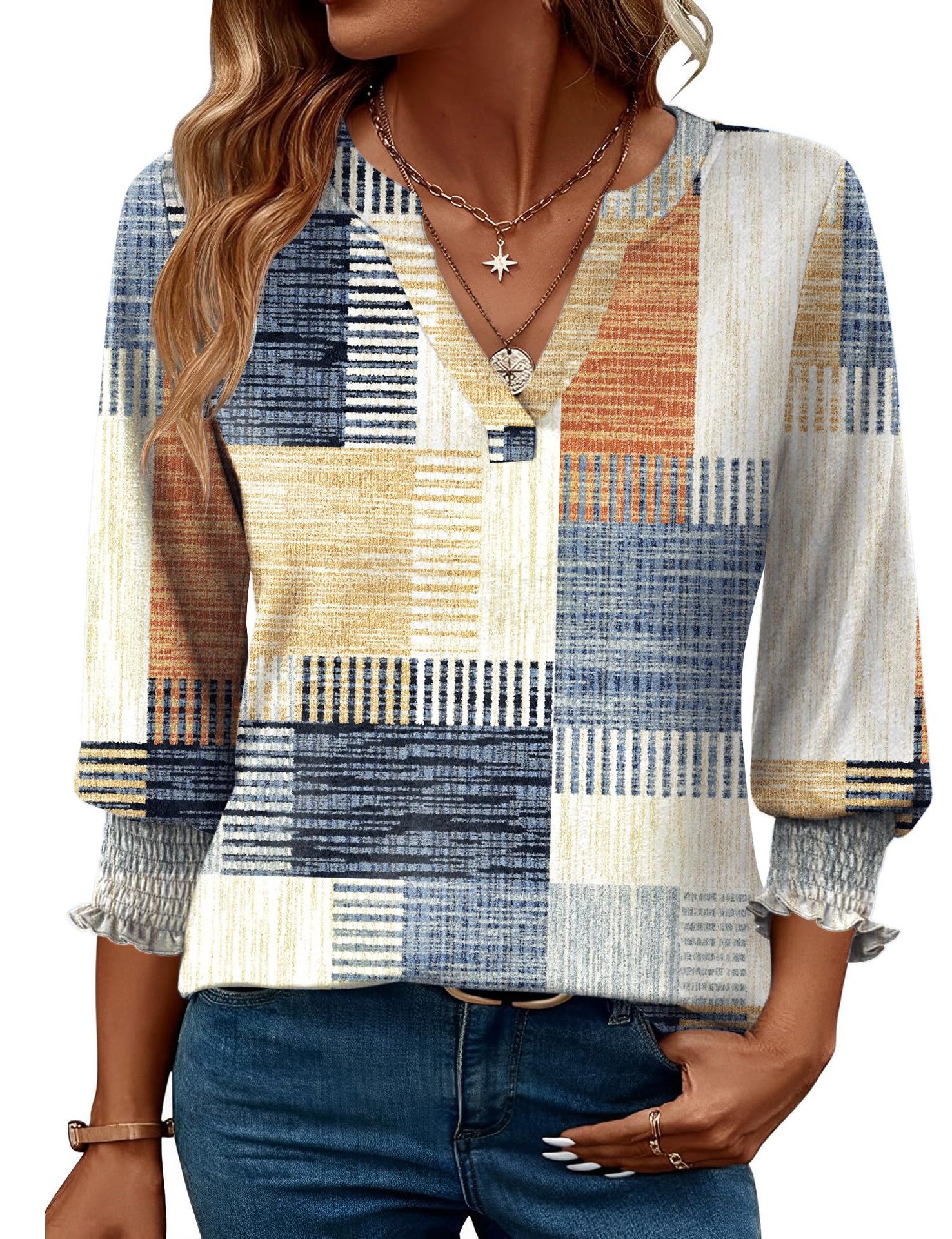 European And American Cross-border Women's 2026 Fashion Top, Three-quarter Sleeve Floral Print Casual Shirt, Summer_ecoleips.com