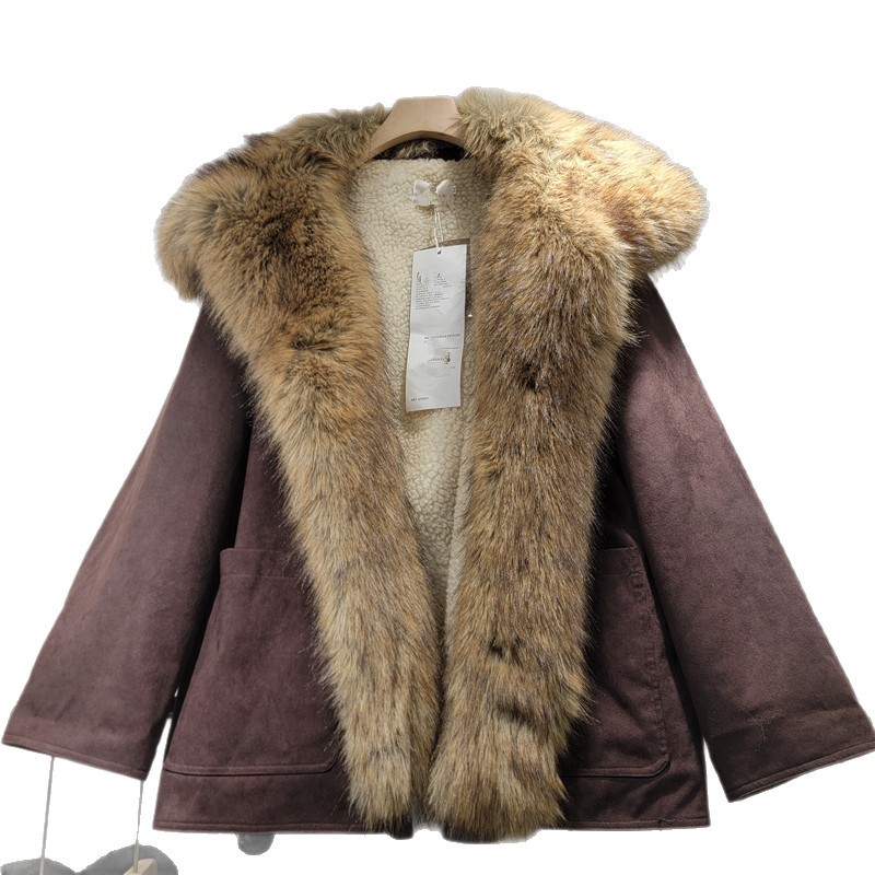 American brown gamuza abrigo de algodón abrigo de piel de mujer una sola sola solapa exterior abrigo de piel gruesa cálida image 5