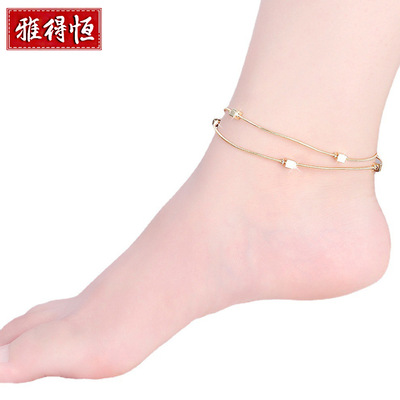 韓版新款腳鏈 女幾何形雙層鍍金色色光身小方塊腳鏈 歐美銀飾批發