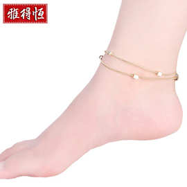 韩版新款脚链 女几何形双层镀金色色光身小方块脚链 欧美银饰批发