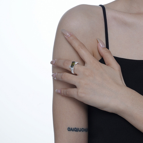 J1230 Korean version light luxury S925 sterling silver bead texture ring women's ins style open olive emerald index finger ring