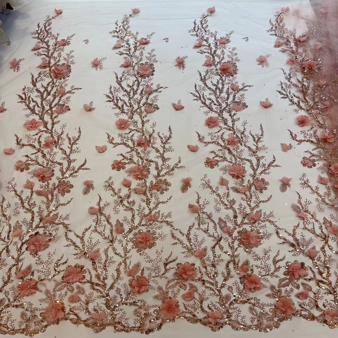 Vestido de novia de tela tridimensional flor lentejuelas posicionamiento bordado encaje europeo y americano malla bordado vestido de tela JX1914