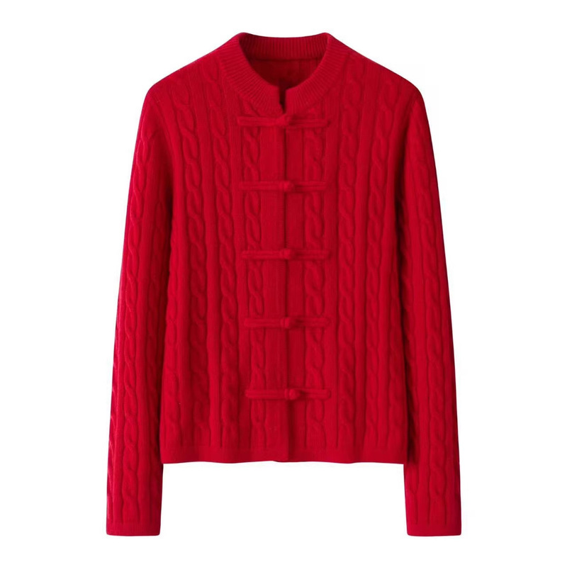 New Year Red Autumn/Winter New Chinese Style Buttoned Cable Knit Jacquard Embroidered Women's Wool Cardigan Puyuan