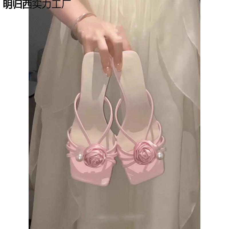 轻便版~夏天拖鞋外穿高级感法式风粉色高跟鞋小个子玫瑰水钻女鞋