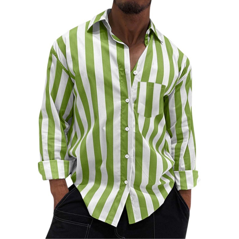 2023 Amazon eBay AliExpress rayas casual solapa cardigan suelta camisa casual retro camisa de los hombres