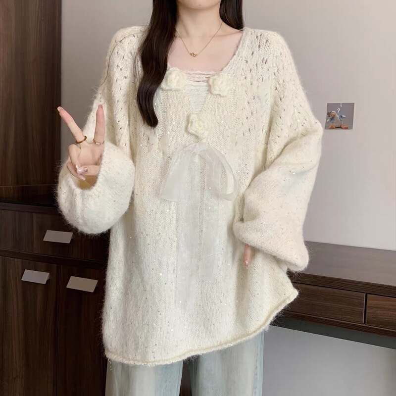 立体花朵亮片V领针织衫毛衣女款春秋2025大码胖mm法式蝴蝶结上衣|undefined