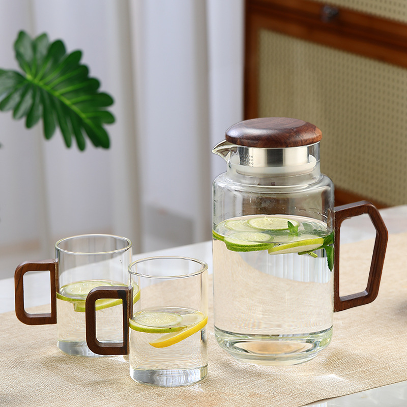 Botella de agua fría de vidrio, taza de agua, olla fría de madera de vidrio para el hogar, olla de té retro resistente al calor, taza de té, juego de agua image 9